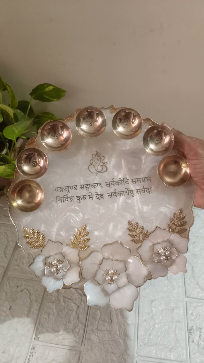 Handcrafted 10 " Inch Pearl White Aarti Thali - Luxury Epoxy Resin Art by Divine Poured