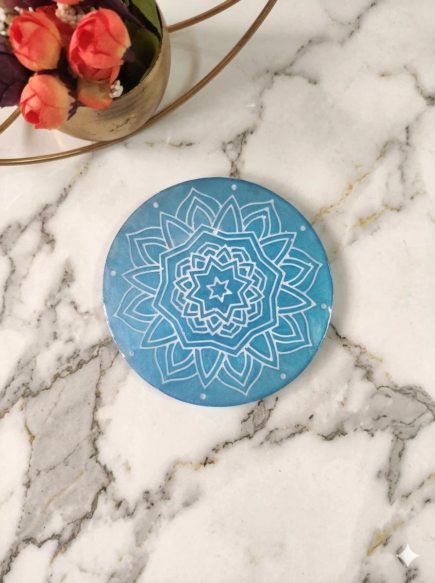 Handcrafted Blue Tea Coaster In Mandala Design - Luxury Epoxy Resin Art by Divine Poured