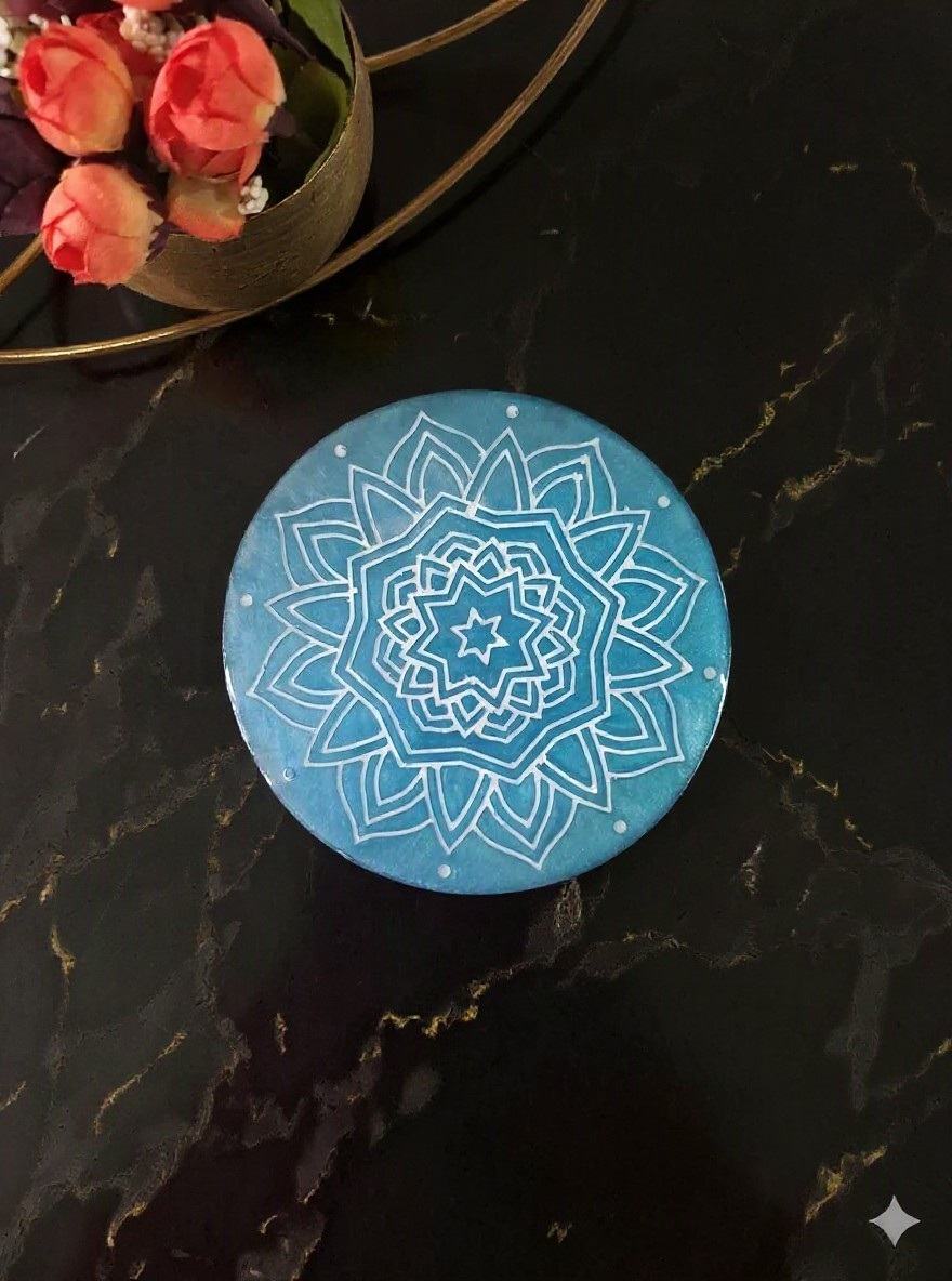 Handcrafted Blue Tea Coaster In Mandala Design - Luxury Epoxy Resin Art by Divine Poured