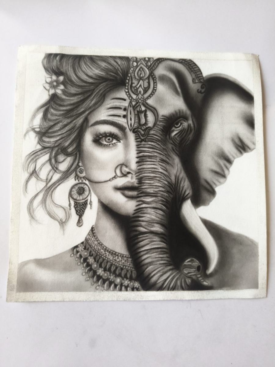 Handcrafted Charcoal Portrait Of Maa Gauri and Ganesha - Luxury Epoxy Resin Art by Divine Poured
