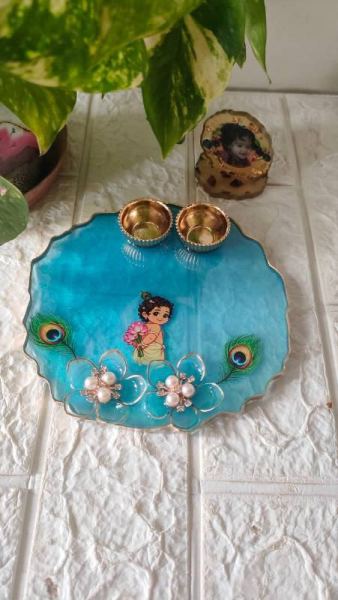 Handcrafted Blue Krishna Pooja Thali - Luxury Epoxy Resin Art by Divine Poured