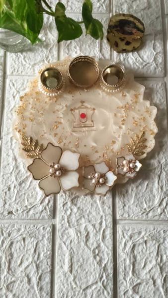 Handcrafted Pearl White Resin Pooja Thali - Luxury Epoxy Resin Art by Divine Poured